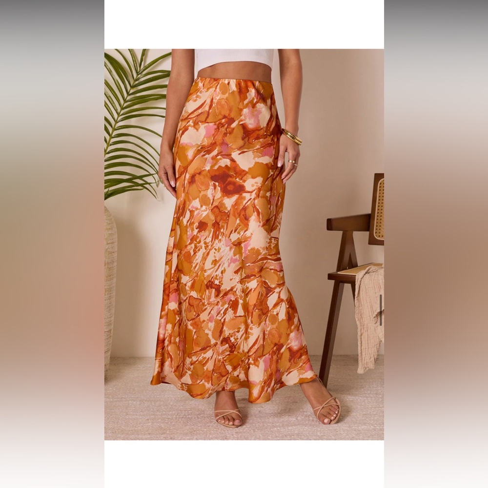 Abstract Orange Silky Maxi Skirt